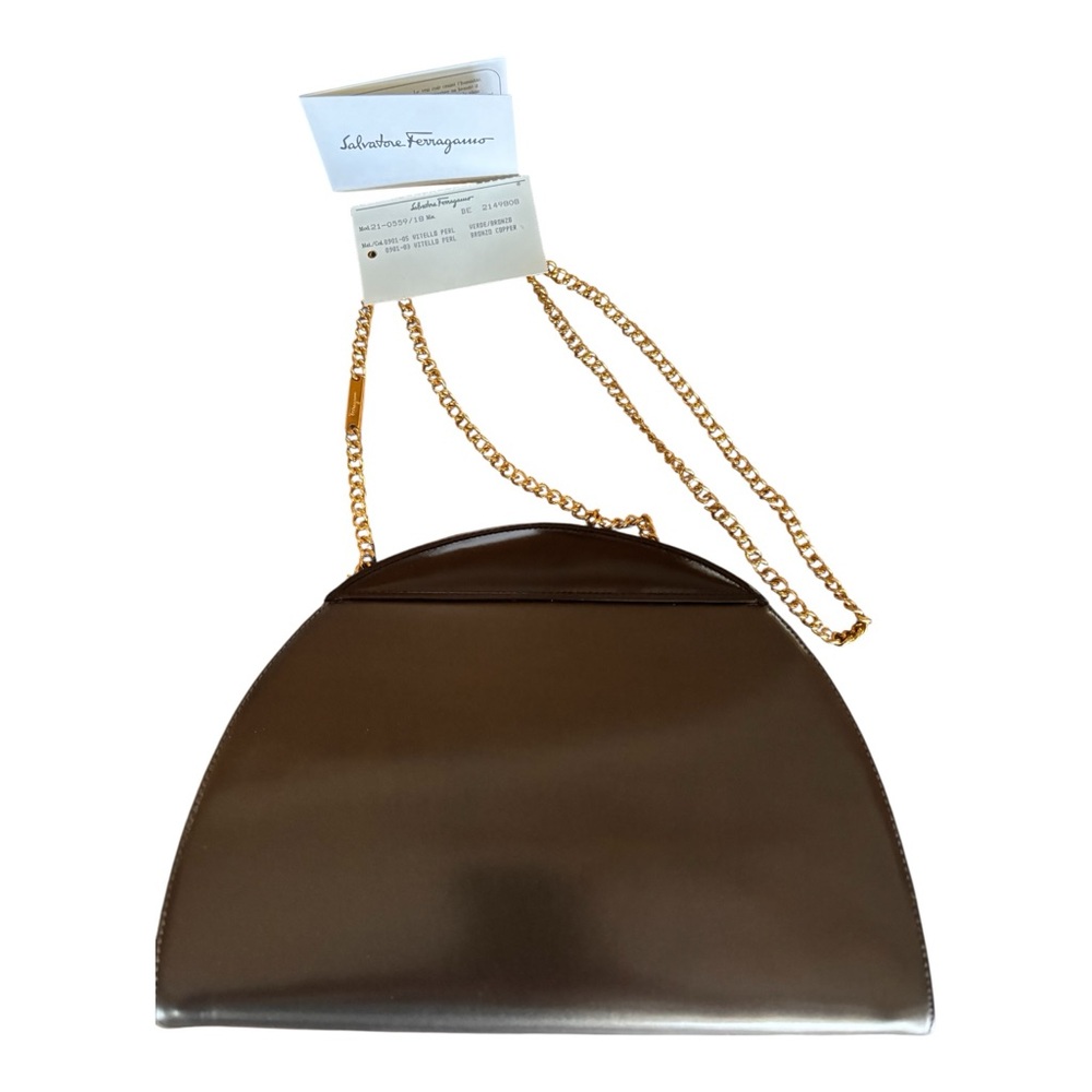 NWT Salvatore Ferragamo Vitello Perl Bronze Leather Chain Shoulder/Clutch Bag